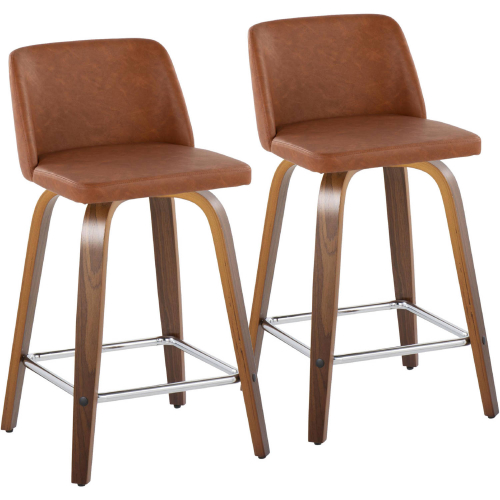 Toriano 24" Swivel Counter Stool in Walnut Wood & Camel Leatherette with Chrome Footrest (Set of 2)